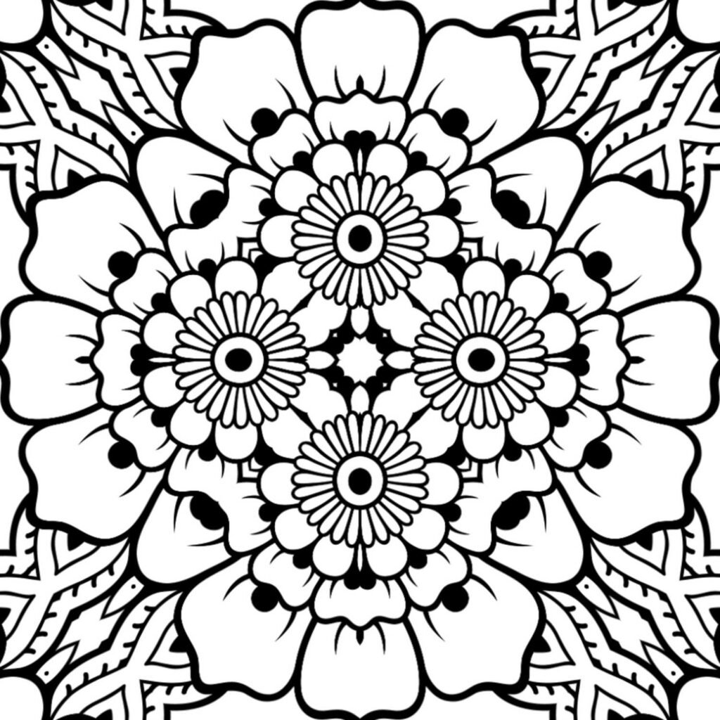 Intricate floral medallion mandala, blooming flower design, easy coloring page, mindful art