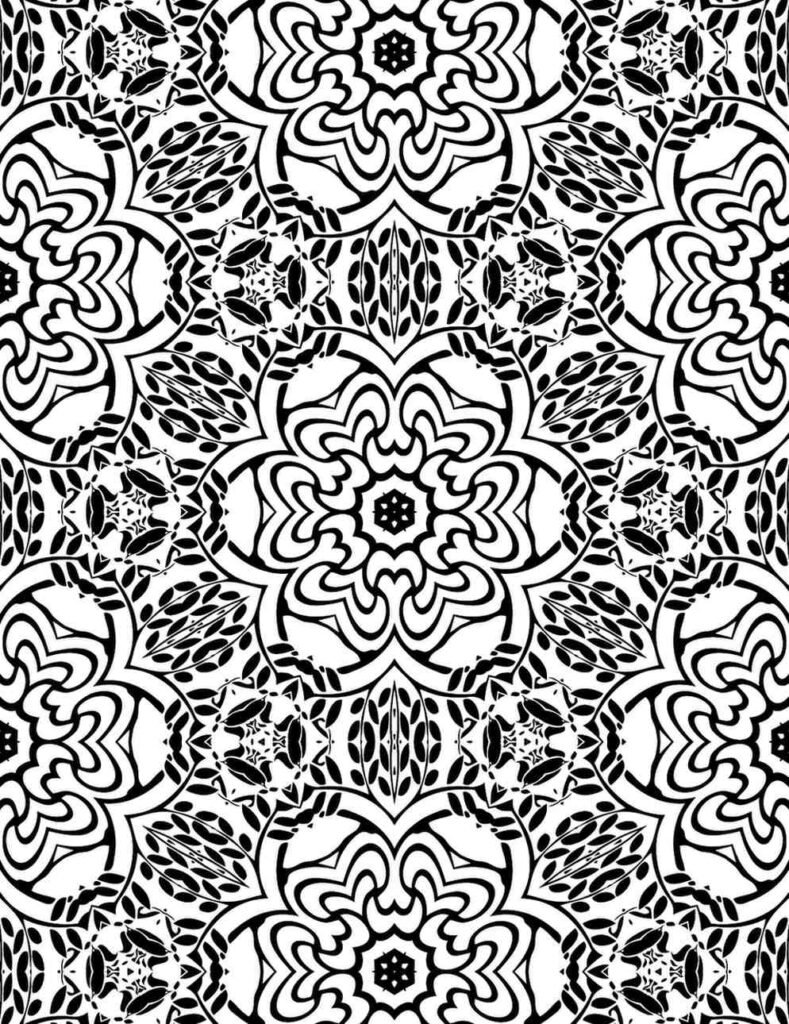 Intricate mandala with layered floral motifs, leaf textures, and symmetrical black-and-white patterns
