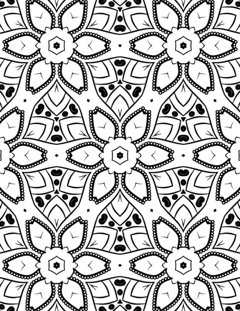 Floral mandala with bold petal outlines, dotted borders, and symmetrical botanical elements in black and white