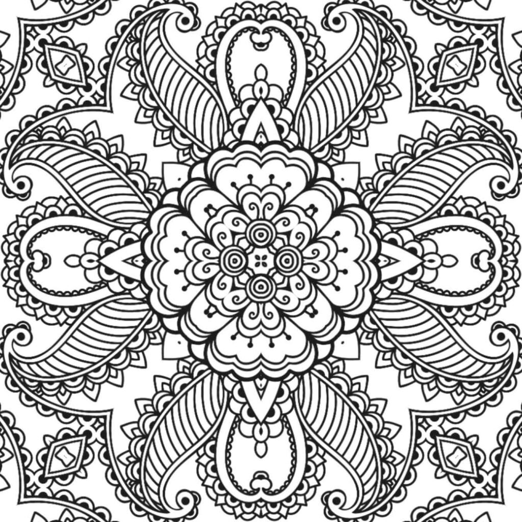Intricate floral paisley mandala design for adult coloring, meditation, and creative art projects, downloadable for free
