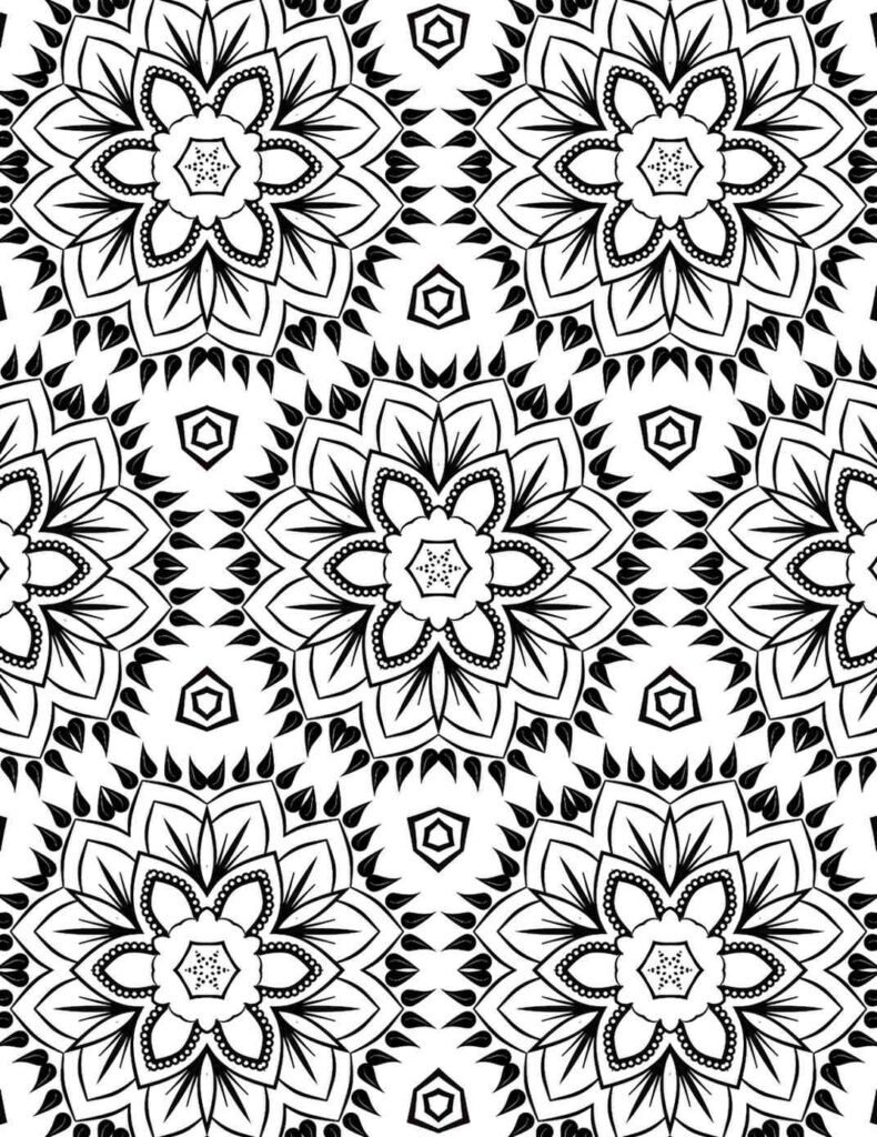 Symmetrical mandala with layered flower petals, dotted outlines, and teardrop accents in black and white