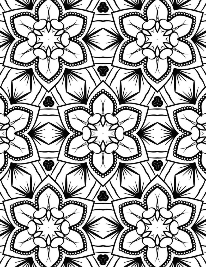 Intricate black and white mandala with six-petal floral motifs, dotted outlines, and radiating spiked patterns in a seamless design.