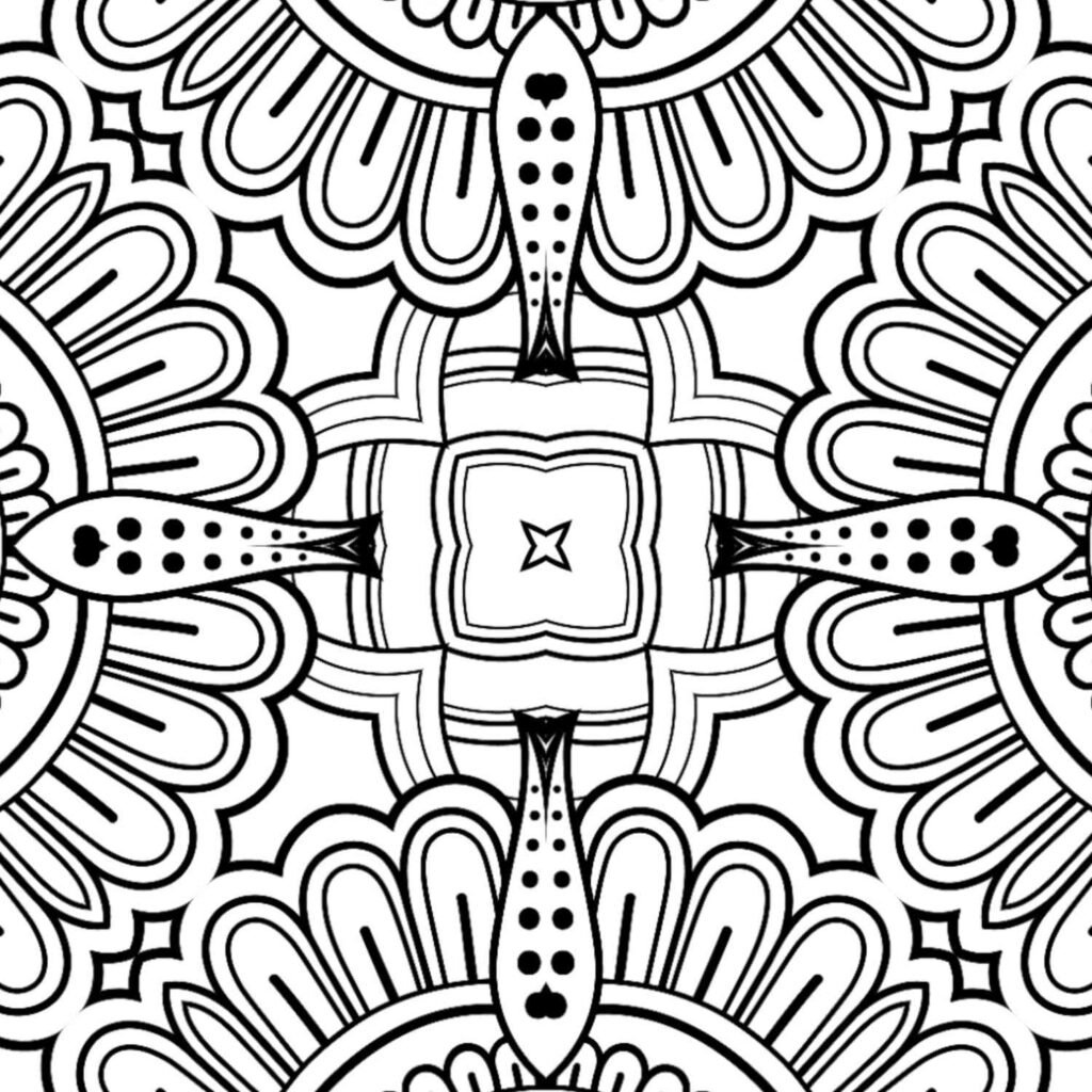 Symmetrical black and white mandala with petal-like elements and intricate center, ideal for mindful coloring and creative relaxation.