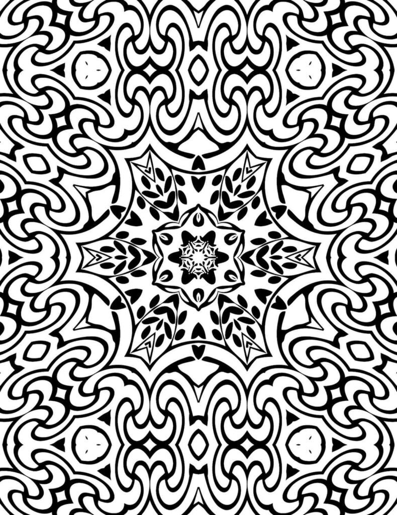 Symmetrical black and white mandala with central floral burst and ornate swirling patterns.