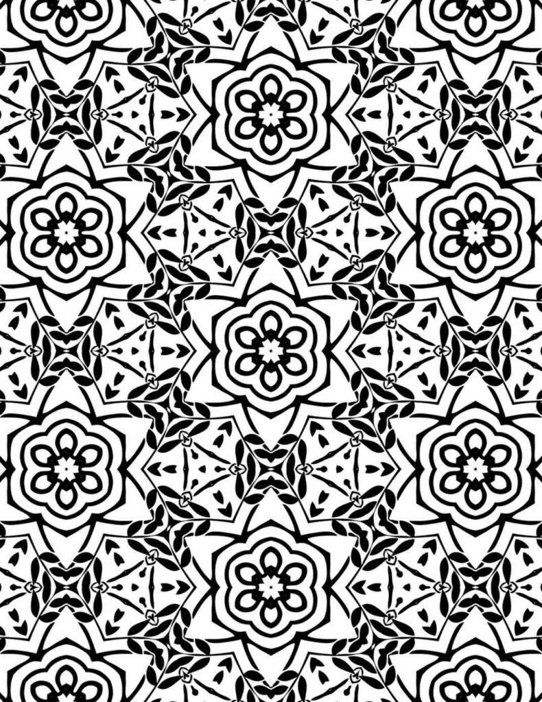 Black and white floral mandala pattern with starburst outlines and petal-inspired geometry