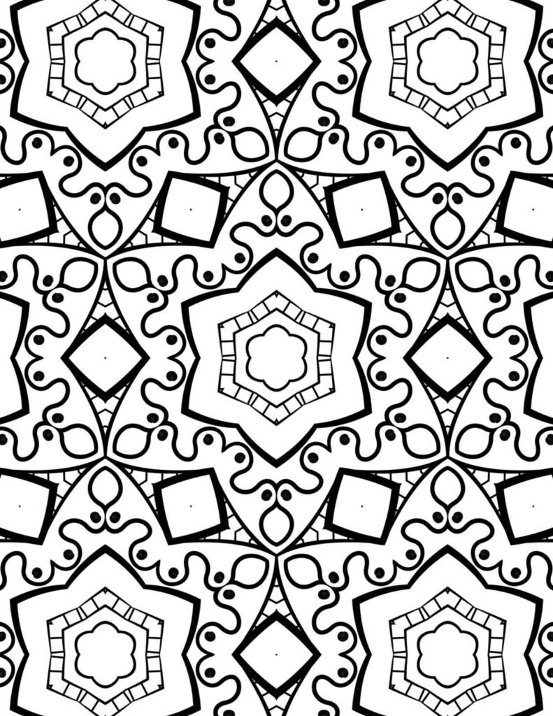 Intricate mandala featuring star-shaped floral centers, diamond tiles, and swirling vine-like patterns