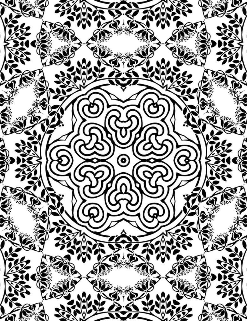 Floral star mandala coloring page with black-and-white ovals, triangles, and floral dots