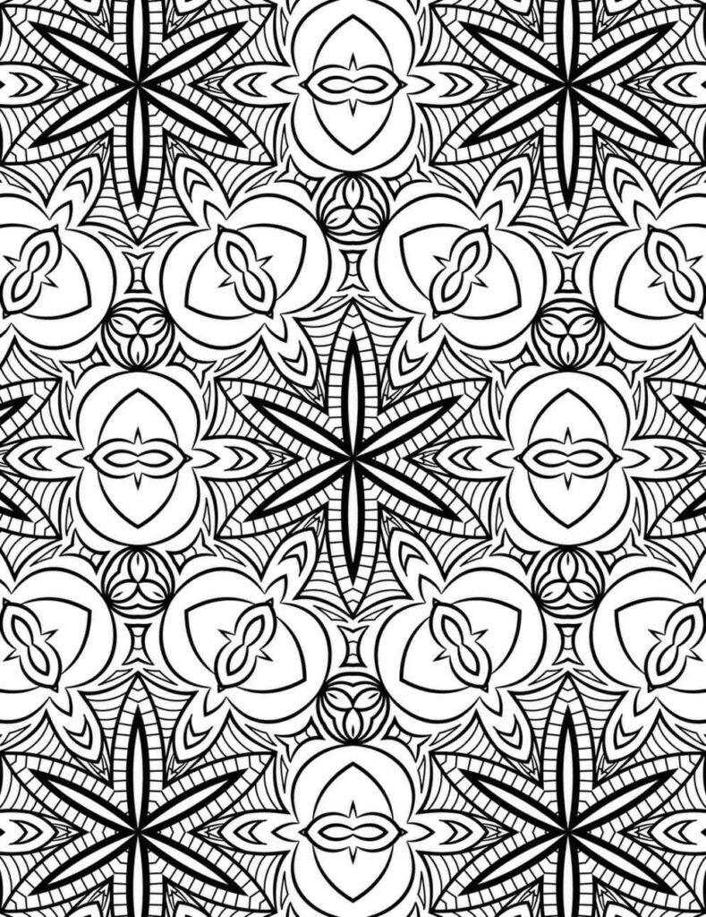 Floral and starburst mandala with petal shapes and layered line textures, ideal for mindful coloring