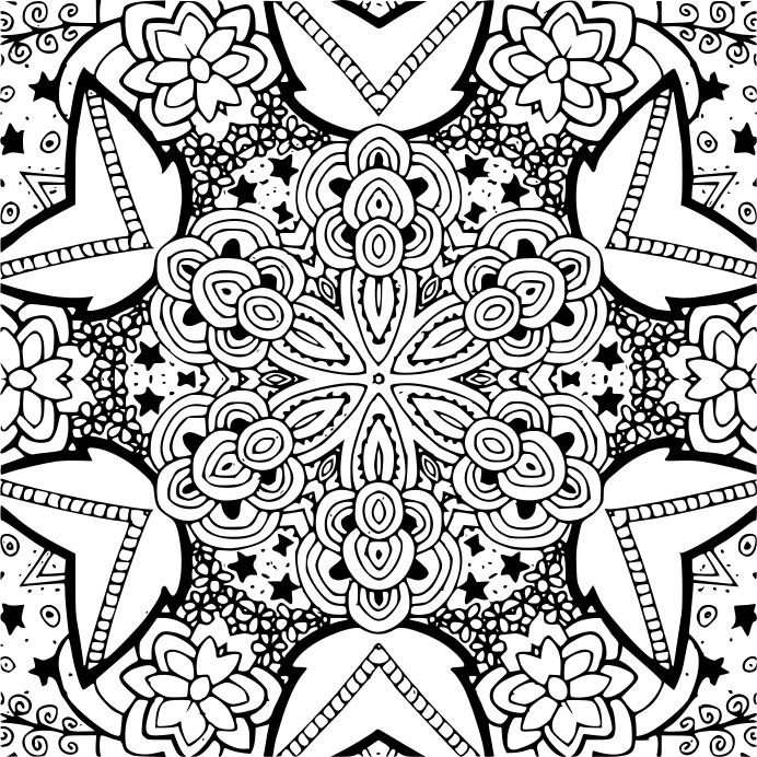 Intricate floral starburst mandala with swirling patterns and dotted details, perfect for adult coloring and stress relief.