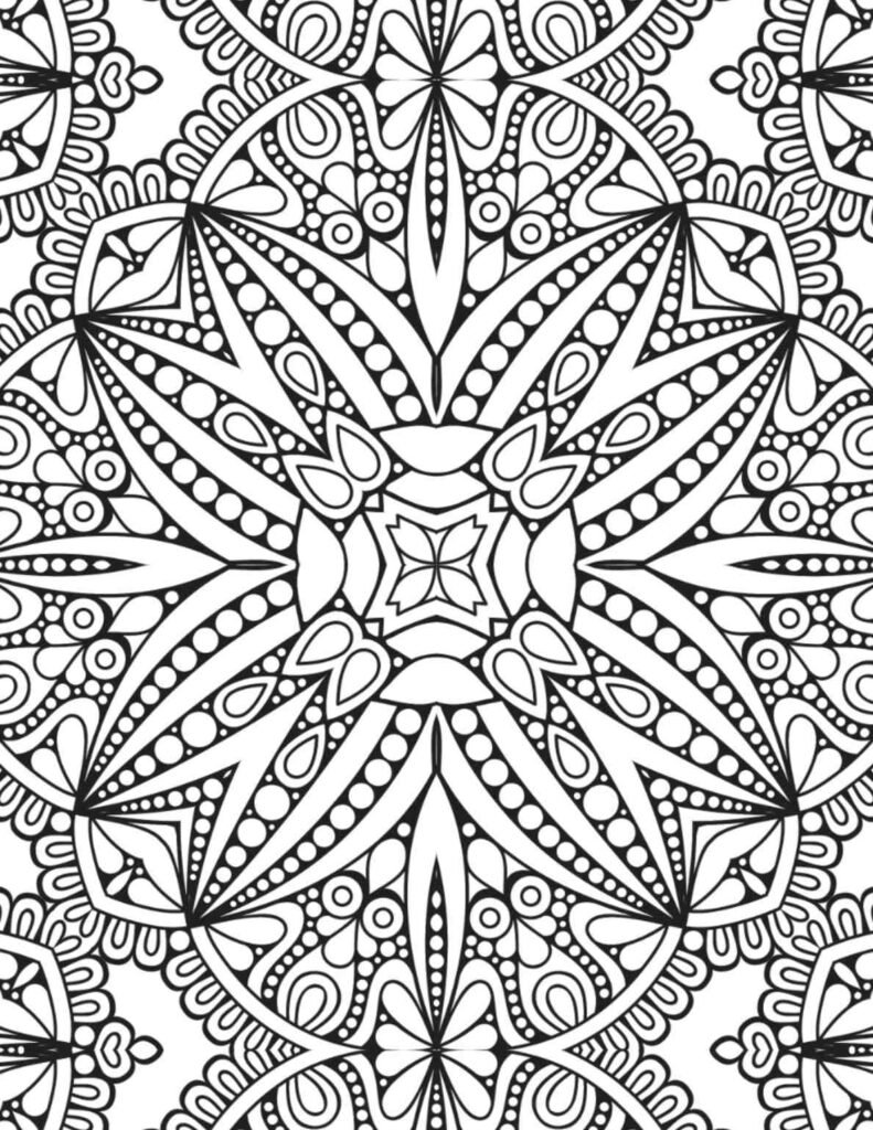 Detailed floral starlight mandala with lace-like patterns and teardrop shapes for coloring and meditation
