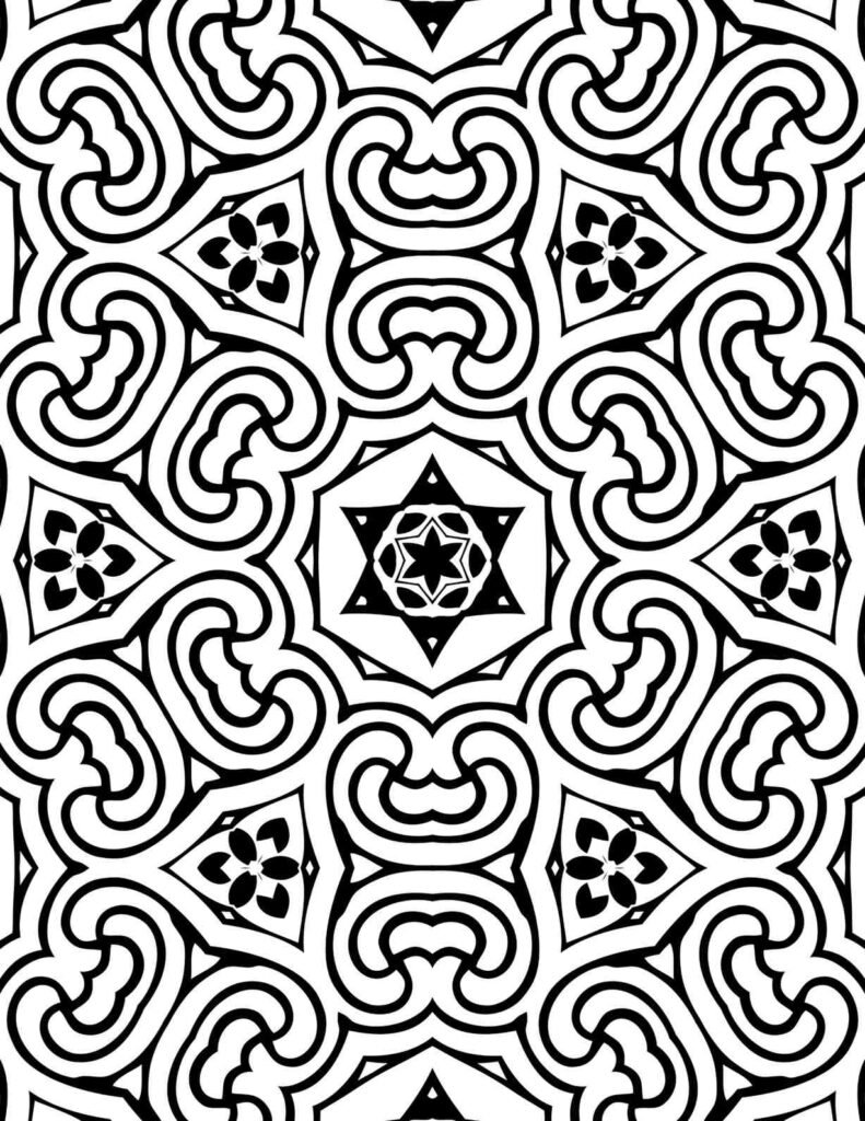 Black and white mandala with swirling cloud patterns, small floral accents, and a geometric star center for coloring and meditation.