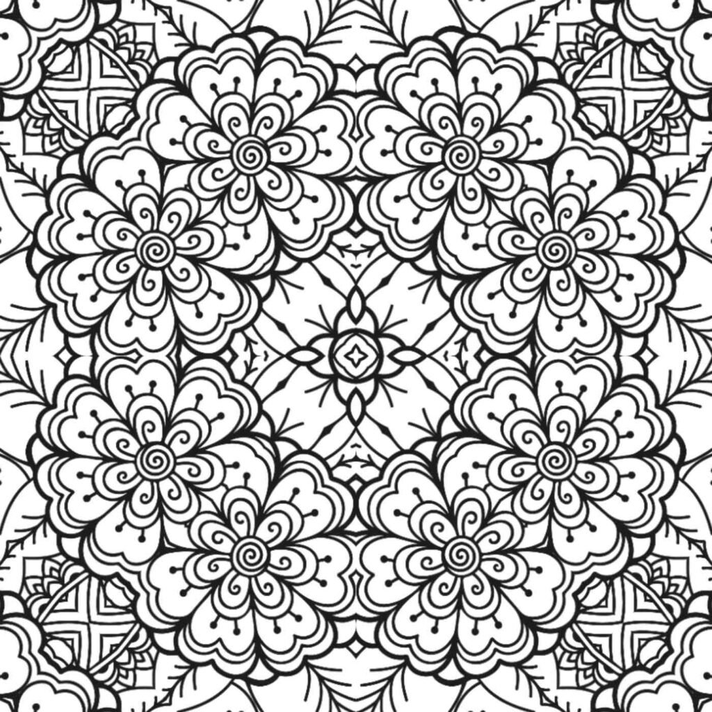 Elegant floral mandala with swirling centers and petal patterns for coloring and meditation