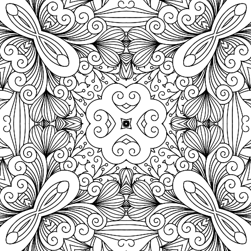 Intricate floral swirl mandala coloring page with symmetrical patterns and flowing lines, perfect for relaxation.