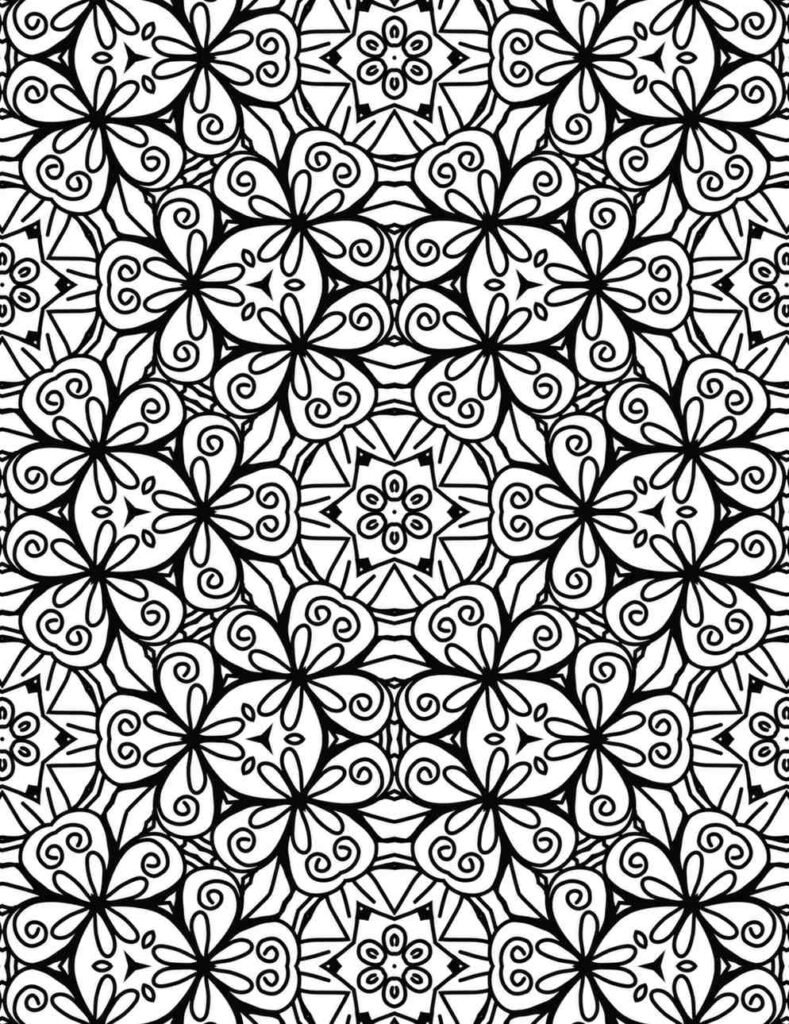 Intricate black and white floral swirl mandala with layered petals and swirling patterns for coloring and meditation