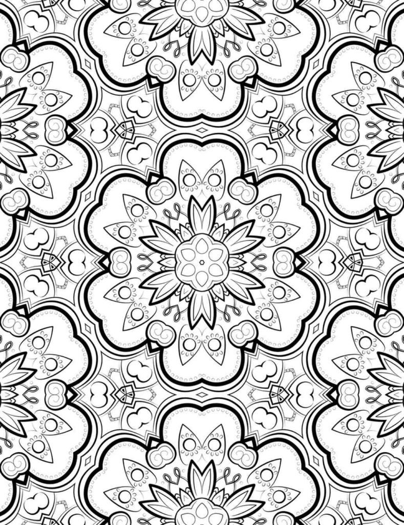 Ornamental mandala design with floral bursts, heart shapes, petal clusters, and symmetrical detailing for coloring and meditative focus