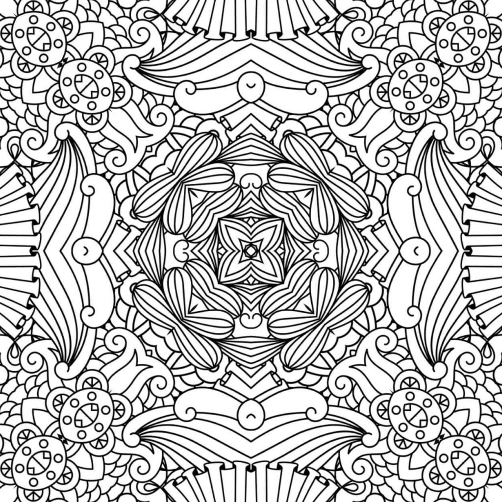 Detailed black and white floral waves mandala with circular and petal patterns for coloring and relaxation
