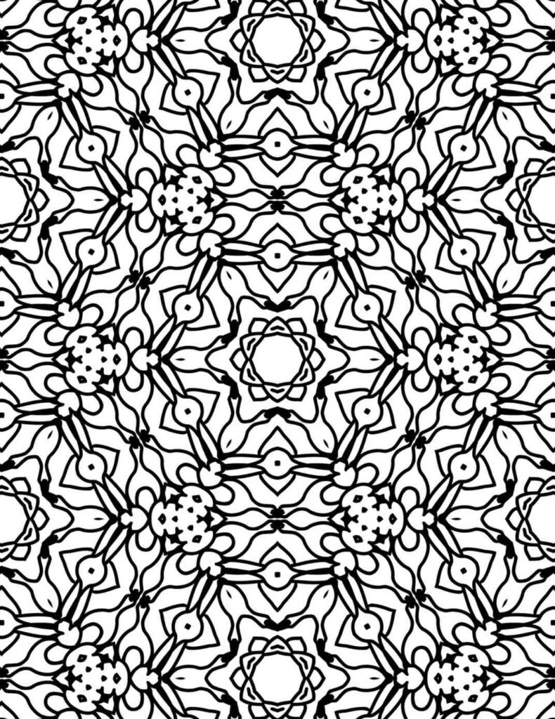 Intricate mandala pattern with flower clusters, web-like lines, and abstract organic forms in black and white