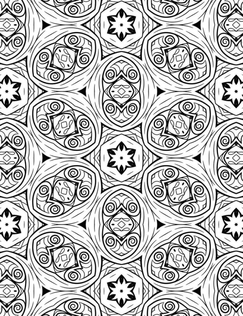 Mandala design with swirling petal motifs, diamond patterns, and floral centers in a repeating layout