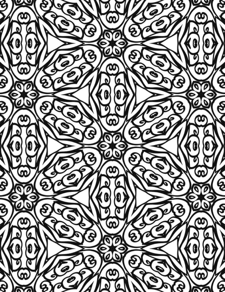 Complex floral whirl mandala with intricate black and white swirling patterns and symmetrical floral designs for coloring and mindfulness.
