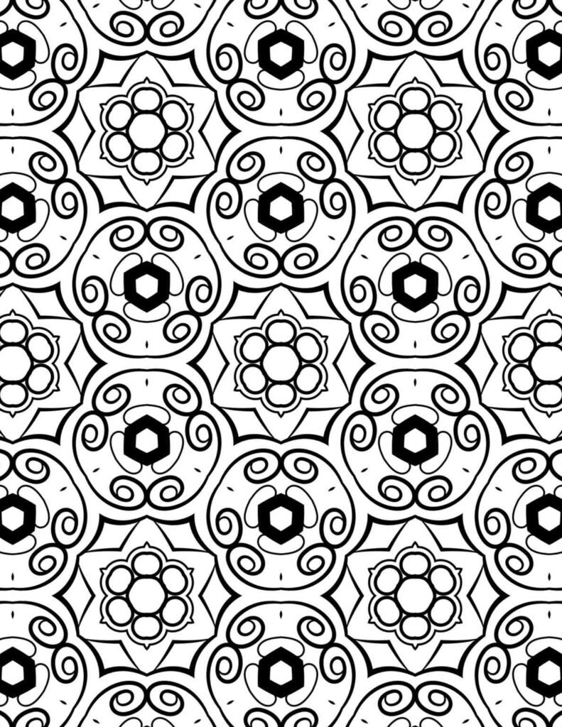 Black and white floral mandala design with swirling elements and symmetrical petal-like forms