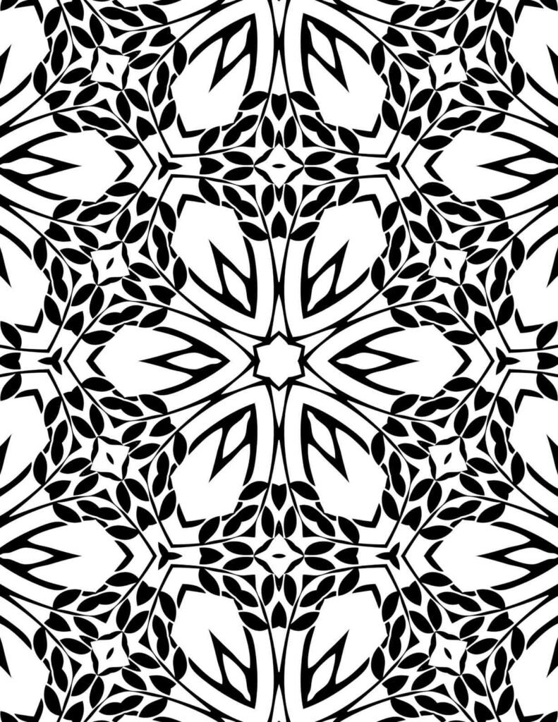 Intricate black and white leafy growth mandala coloring page, free printable nature-inspired design for stress relief and creative expression.