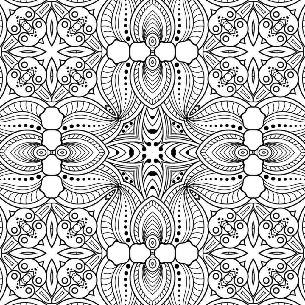 Intricate black and white mandala with a symmetrical layout featuring repeating floral petal motifs, stylized leaves, dot patterns, and ornate geometric elements, perfect for adult coloring.