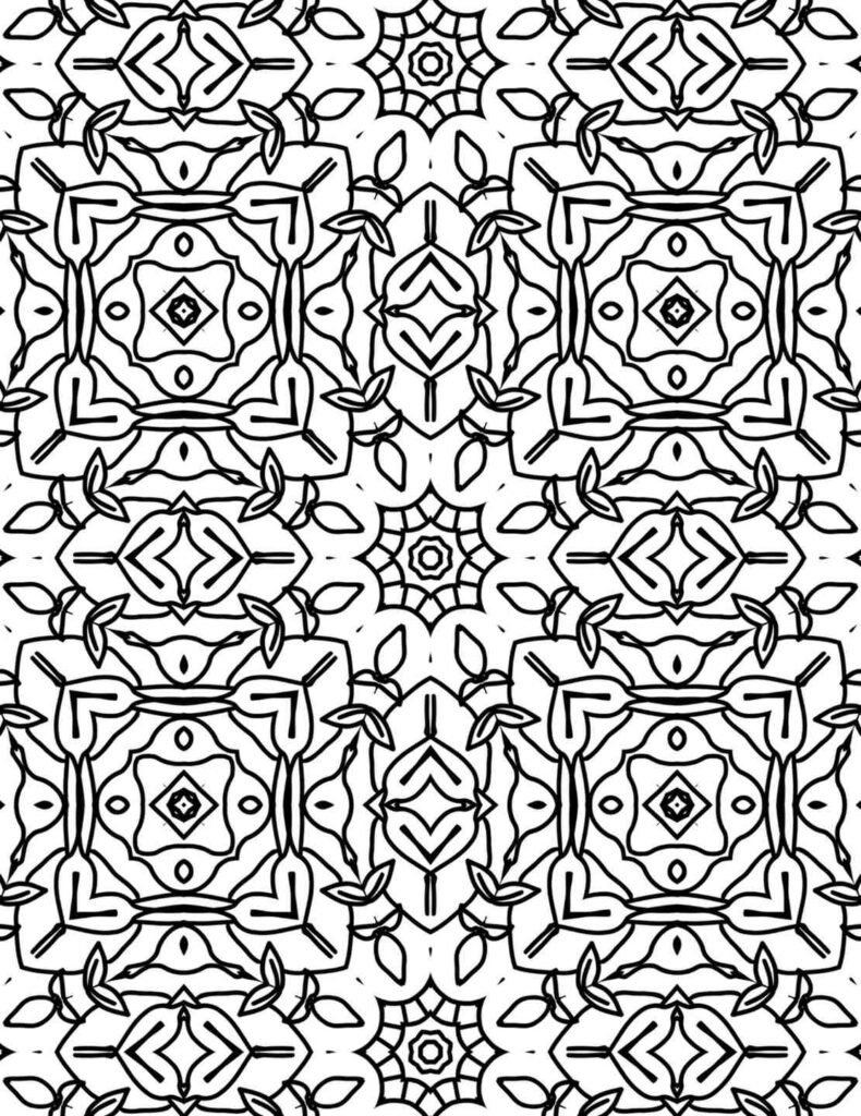 Ornate black and white mandala coloring page featuring floral-inspired motifs, swirling lines, and central symmetry for relaxation