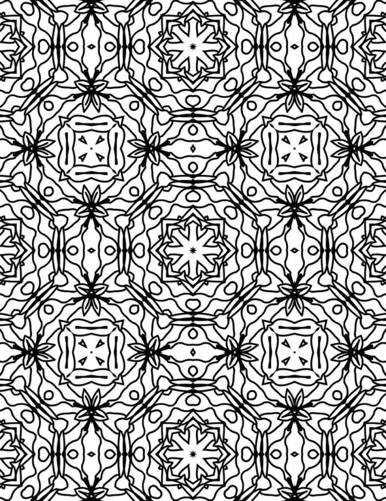 Hand-drawn mandala featuring flowing petal shapes and geometric symmetry in a seamless black and white pattern