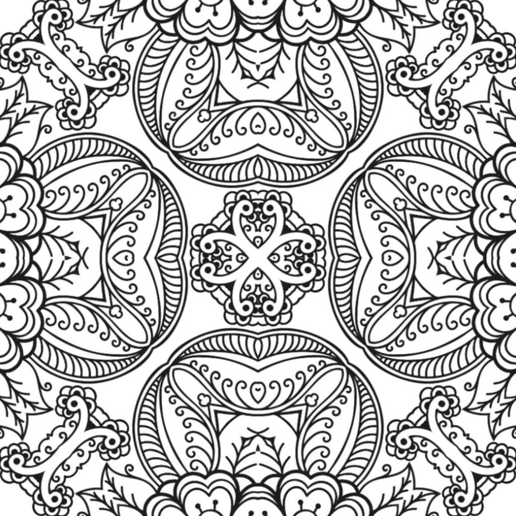Graceful mandala with swirling floral patterns and leaf accents for coloring and meditation