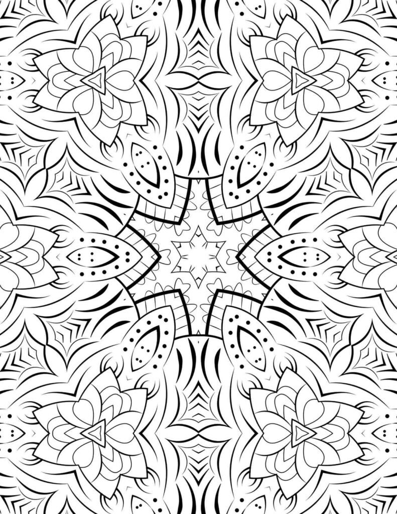 Organic flowing petals mandala coloring page with intricate swirling lines and soft floral elements