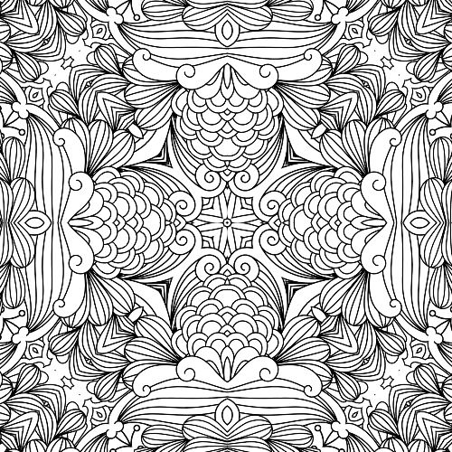 Complex fractal-like mandala with repeating floral motifs and swirling organic patterns for advanced coloring