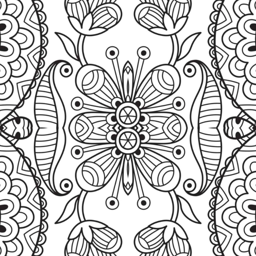 Symmetrical vertical mandala with stylized floral and organic patterns for mindful coloring
