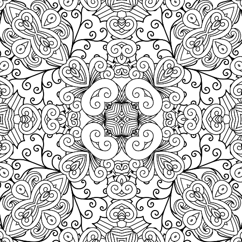 Intricate scrollwork mandala coloring page featuring elegant swirling lines, delicate heart-like motifs, and a symmetrical pattern reminiscent of classic ornamentation, ideal for mindful coloring.