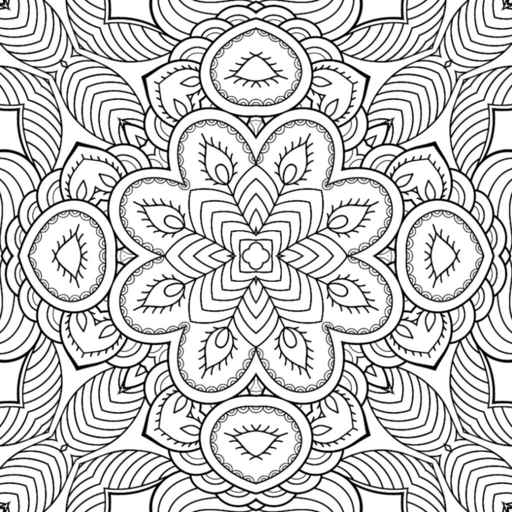 Detailed floral bloom mandala coloring page for stress relief and creative expression