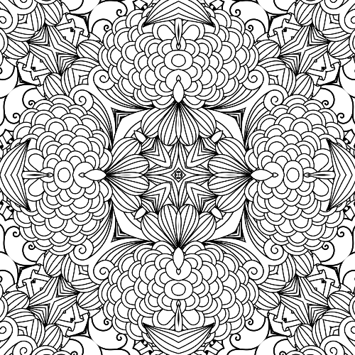 Detailed floral mandala coloring page with intricate petals, swirling organic patterns, and a central starburst motif, perfect for mindfulness and creative expression.