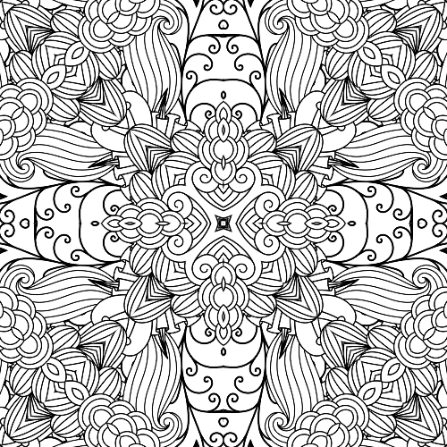 Intricate floral kaleidoscope mandala with swirling leaves and blooming petals, perfect for adult coloring and stress relief.