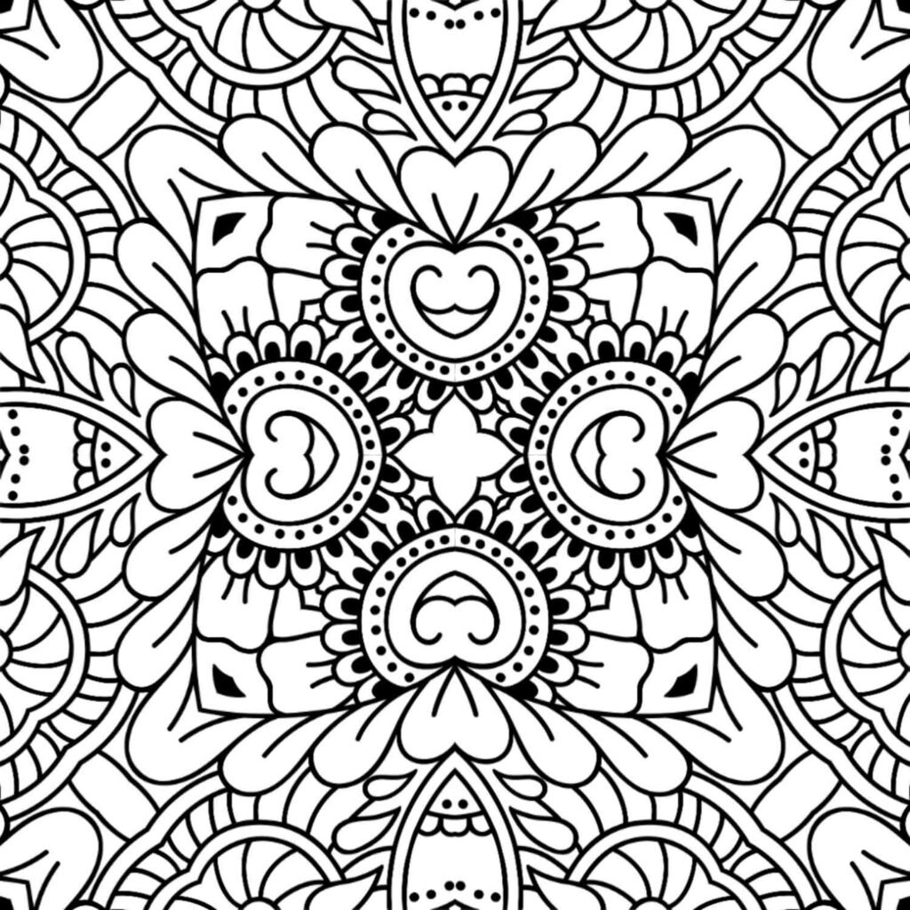Symmetrical mandala coloring page featuring heart shapes and intricate floral patterns