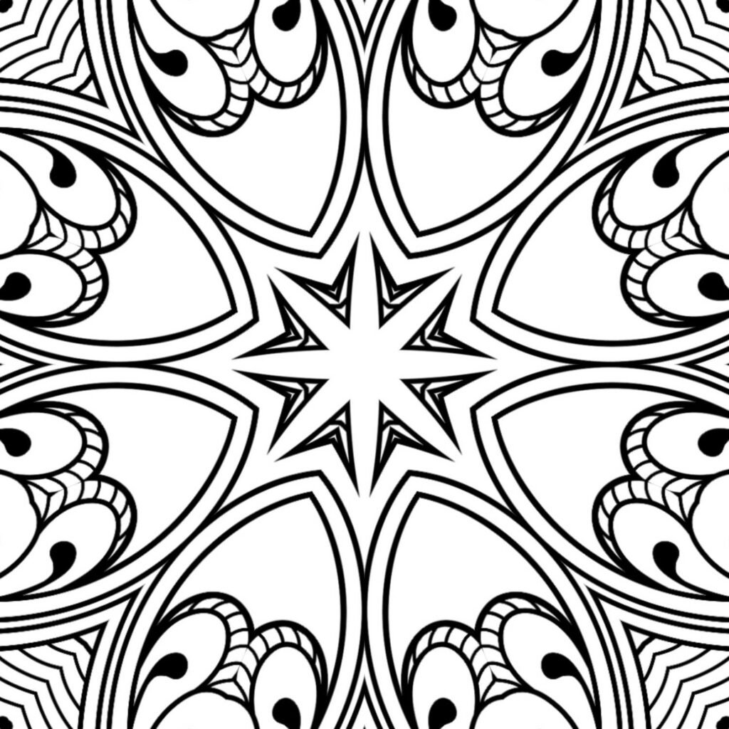 Radial symmetrical mandala coloring page with central star and intricate swirling patterns