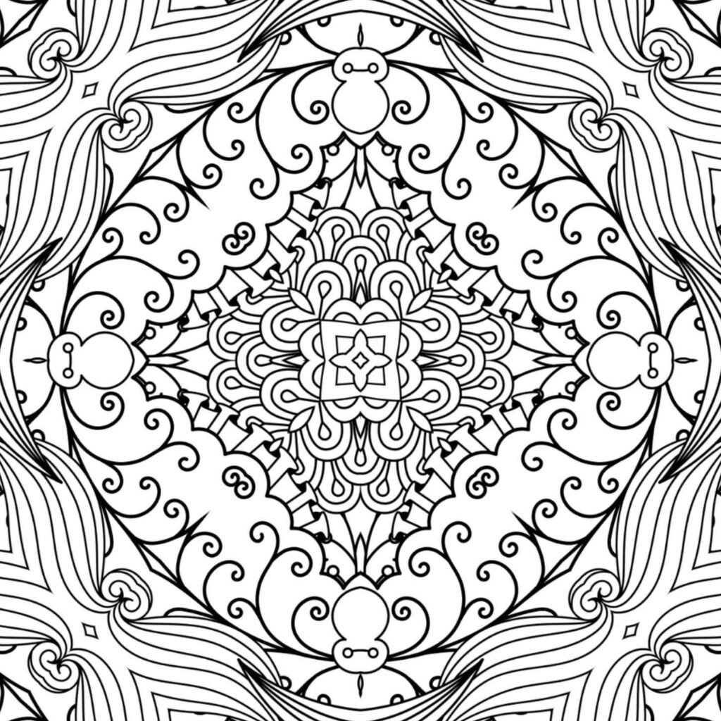 Intricate ornate scrollwork mandala with floral and abstract patterns for adult coloring