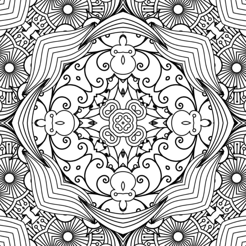 Intricate ornate scrollwork mandala with floral and abstract patterns for adult coloring