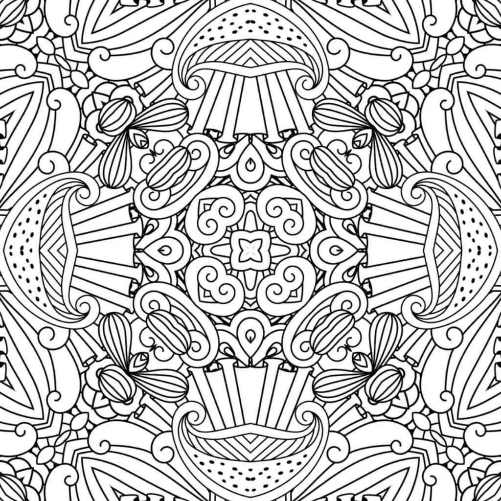 Intricate ornate scrollwork mandala with floral and abstract patterns for adult coloring