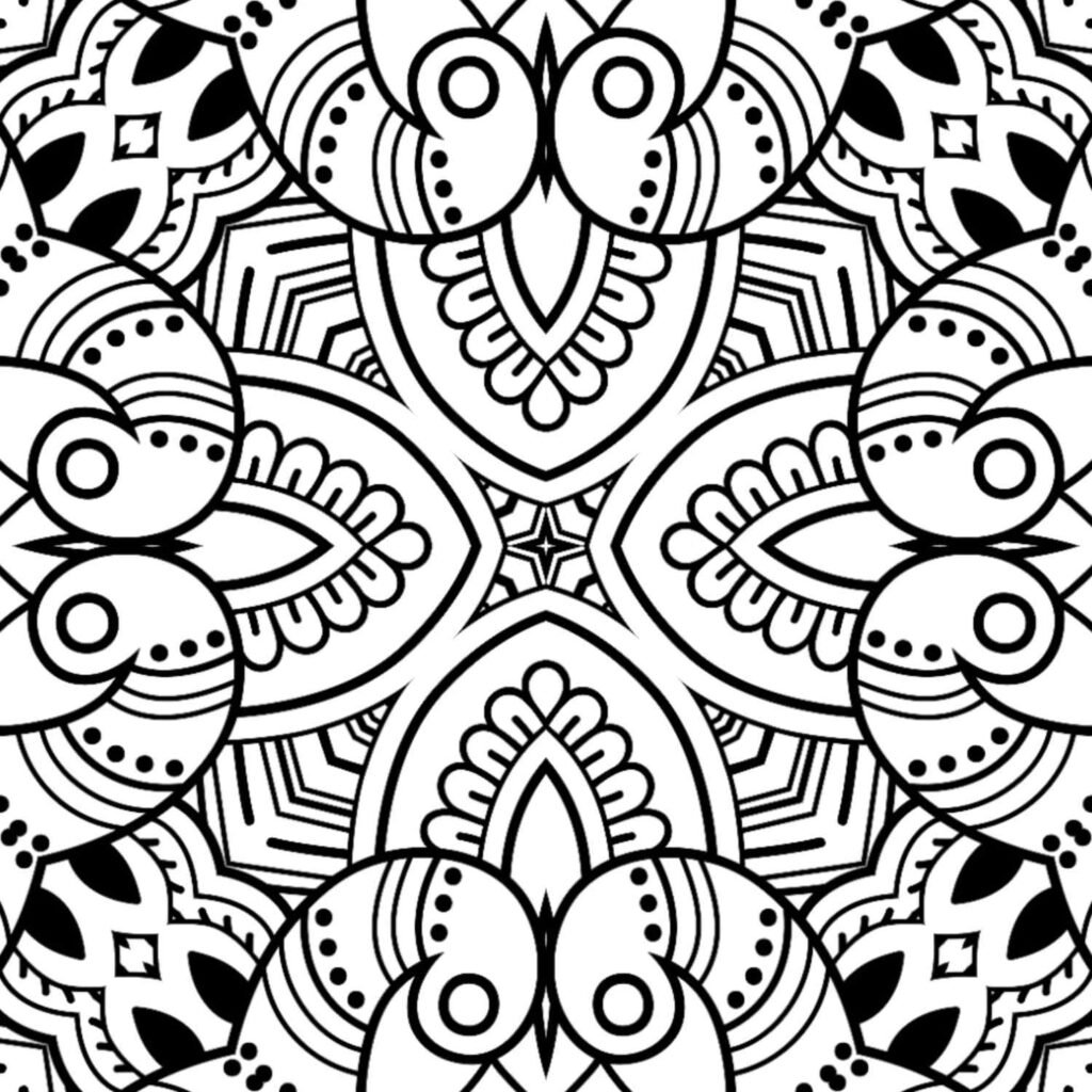 Detailed symmetrical mandala coloring page with central star and decorative paisley-like patterns