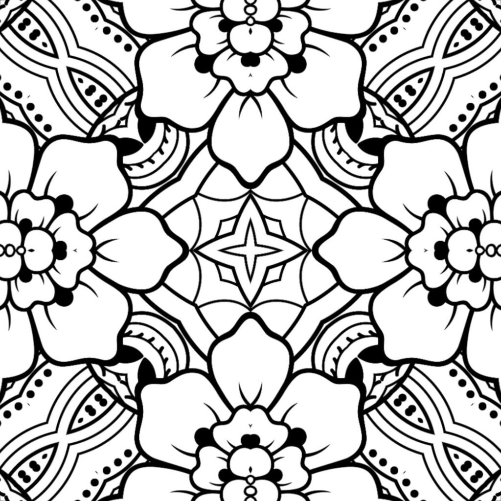 Beautiful floral mandala coloring page with central star pattern, perfect for relaxation