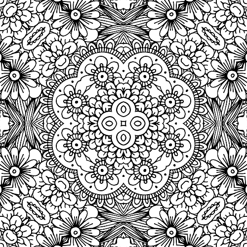 Symmetrical mandala coloring page featuring layers of rounded floral shapes and intricate detailing.
