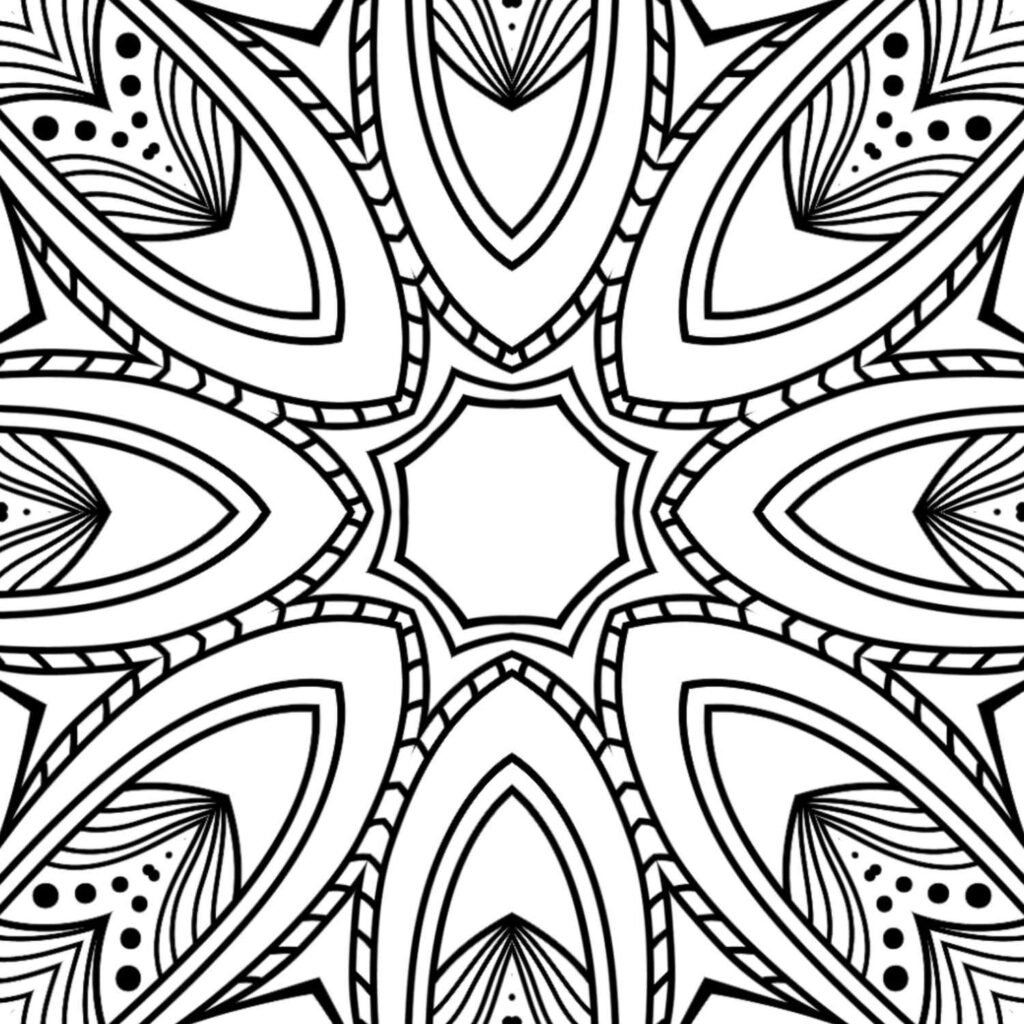 Symmetrical geometric mandala coloring page with central star and intricate radial patterns