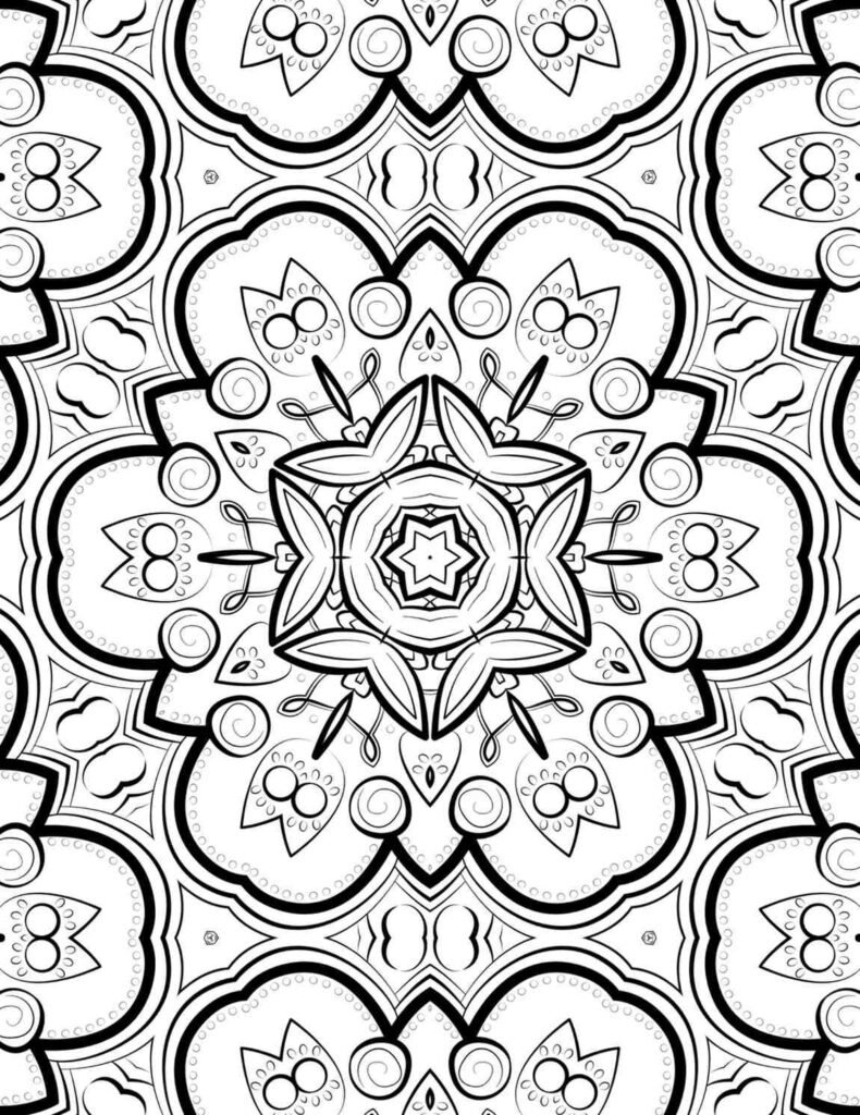Detailed symmetrical floral blossom mandala for coloring and relaxation