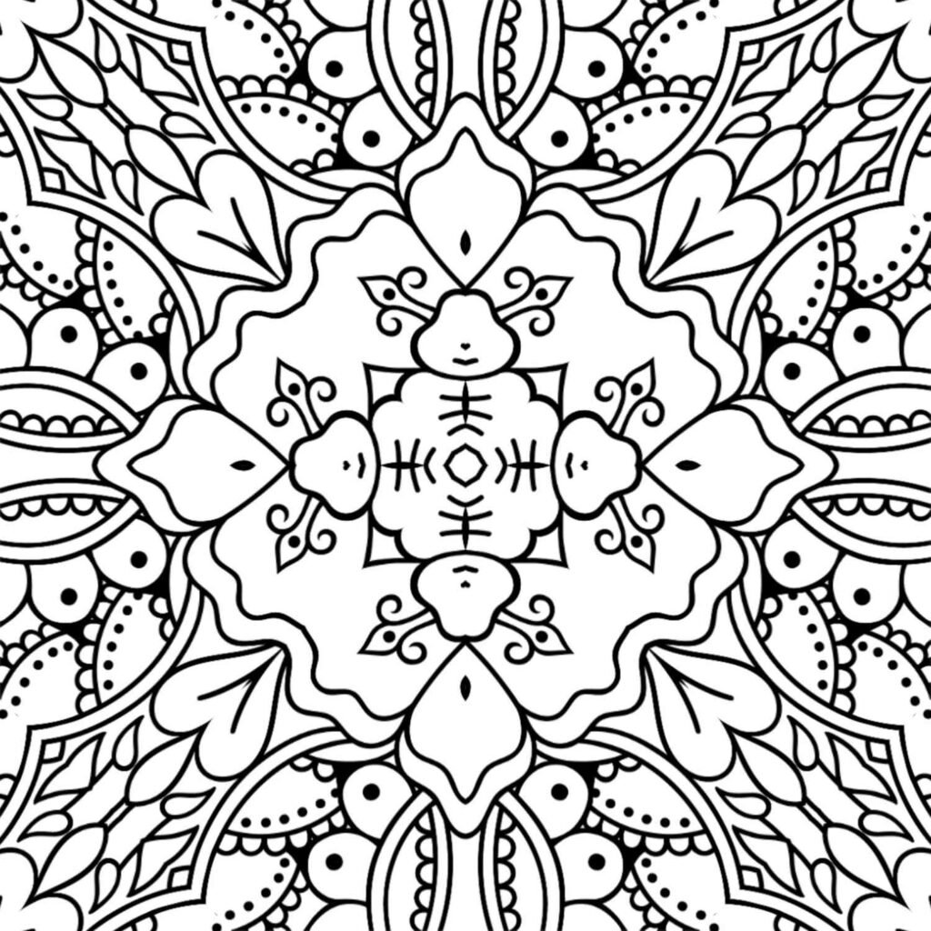 Detailed symmetrical mandala design with flowing patterns for peaceful coloring