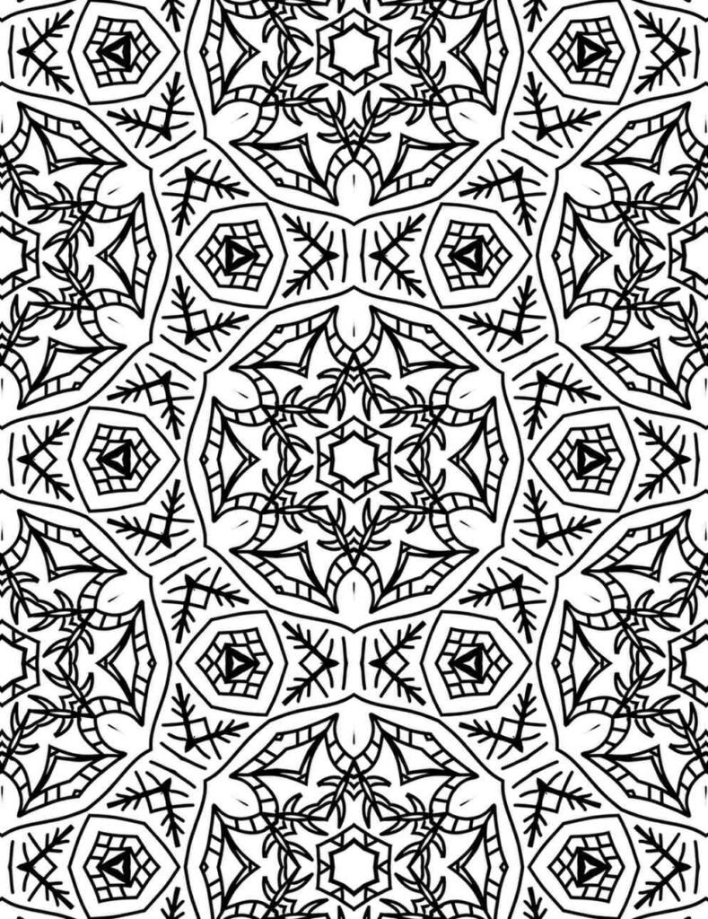 Detailed frosted symmetry mandala with hexagonal and twig patterns for coloring and relaxation