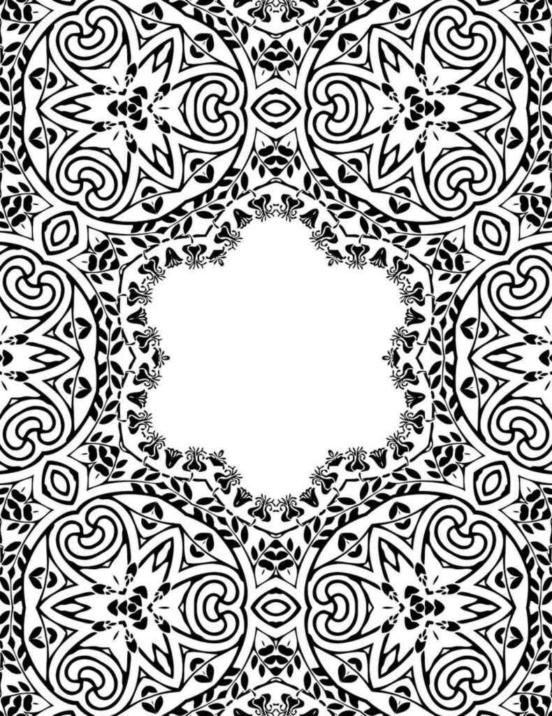 Intricate black and white mandala border frame with floral and geometric patterns, ideal for coloring and decorative use.