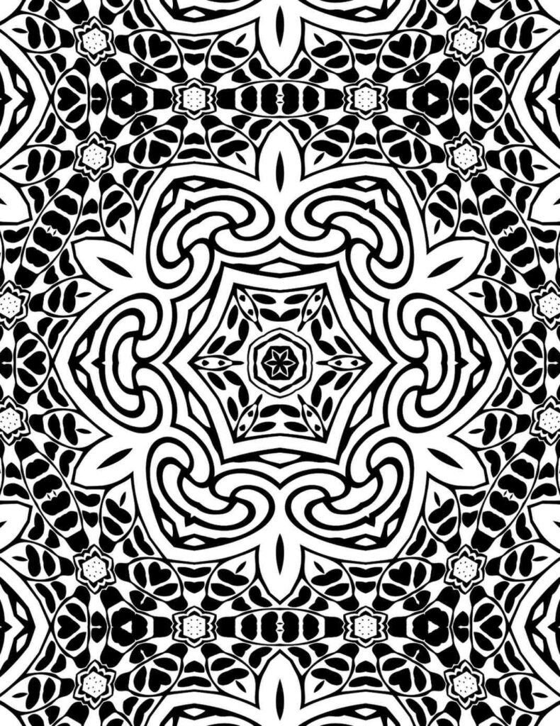 Black and white mandala with swirling lines, leaf motifs, and flower-centered geometric patterns